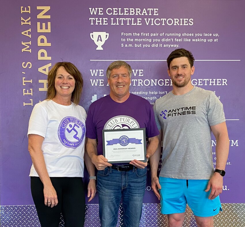 From left, are Anytime Fitness owners Karen and Dan Wehde, and Chase Reid, manager/trainer. Anytime Fitness was awarded “Club Purple” status for top performing clubs in the nation.