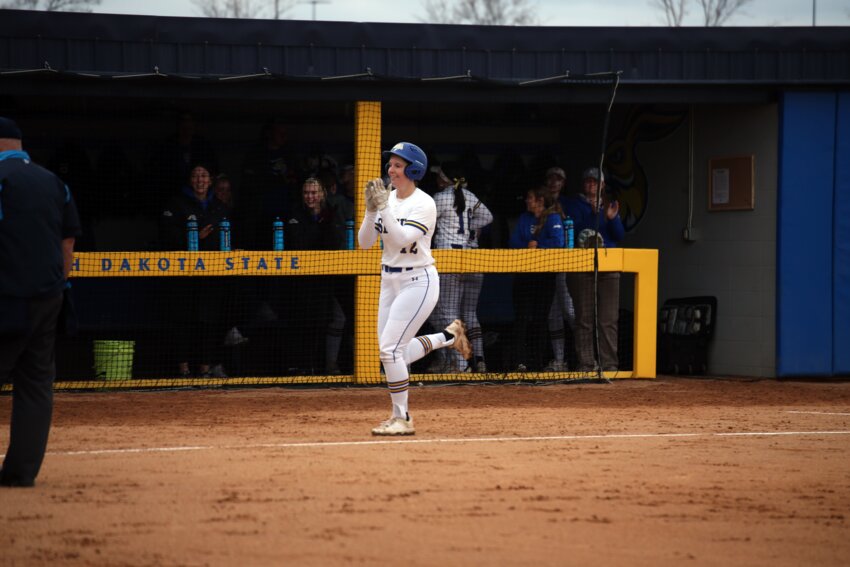 South Dakota State's Emma Osmundson heads towards home plate after hitting a two-run home during a 5-2 win over St. Thomas on Saturday. Osmundson was named the Summit League Peak Performer of the Week on Monday.