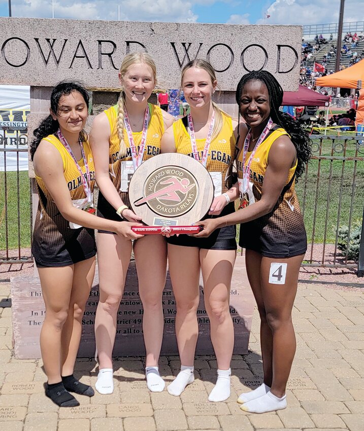 Crystal Silva-Dominguez, Elaina Rhode, Lanie Mousel and Daniela Lee sprinted to a first place finish in the Class B girls 4x100 meter relay at the 99th annual Howard Wood Dakota Relays last weekend in Sioux Falls.