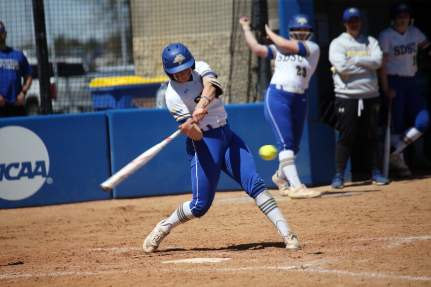 South Dakota State's Jocelyn Carrillo swings at the ball during a 7-0 victory over South Dakota in the Summit League Softball Tournament in Brookings on Thursday.