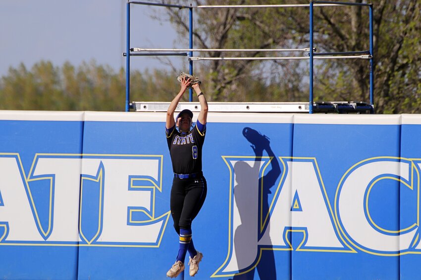 South Dakota State's Jocelyn Carrillo jumps and catches a ball at the wall during a 7-0 loss to Omaha in the Summit League Tournament championship game on Saturday in Brookings.