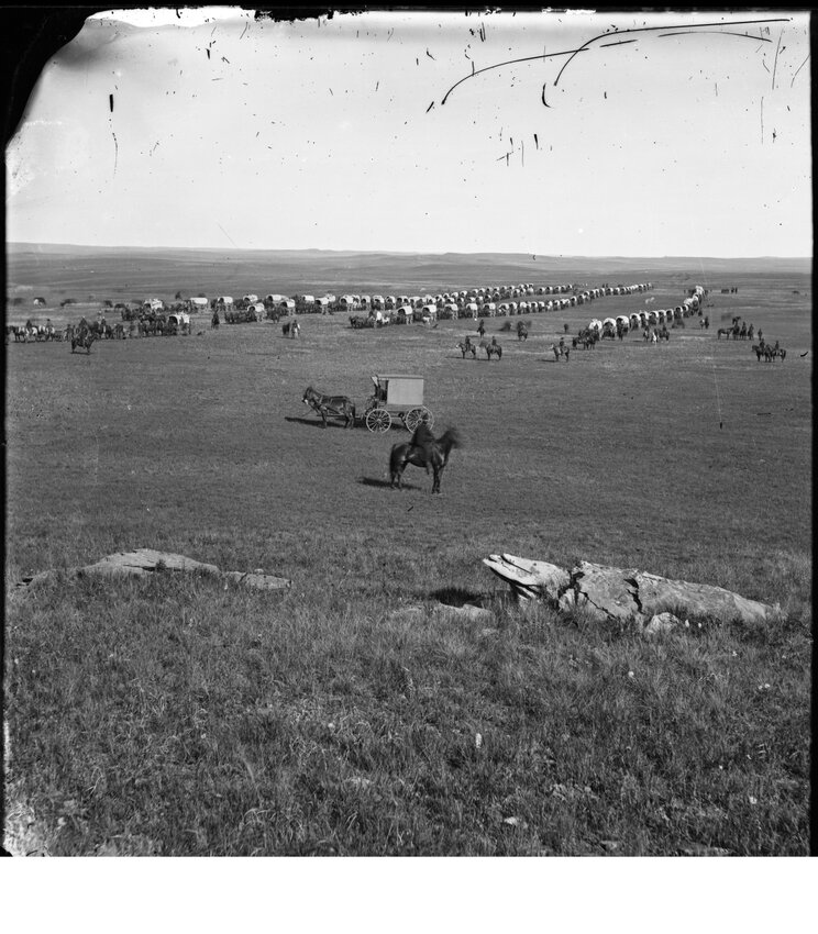 Column of wagons used by the U.S. 7th Cavalry. Photographer William H. Illingworth’s wagon, carrying his photography equipment and the glass plates, is shown near the center of the image.
