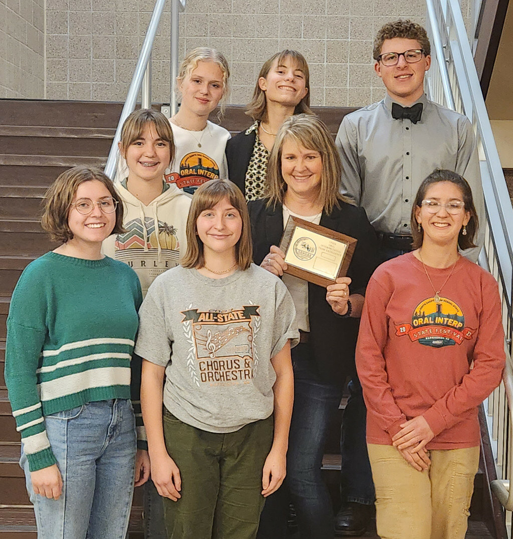 COURTESY PHOTOS
Earning superior ratings at the State Oral Interp Festival last weekend for James Valley Christian include, front row, from left, Alexandra Hohm, Elaina Hohm, Emily Schutt; second row, Hope Mendel and coach Jill Mendel; and in back, Belle Niederbaumer, Andee Frandsen and Jonathan Koel.