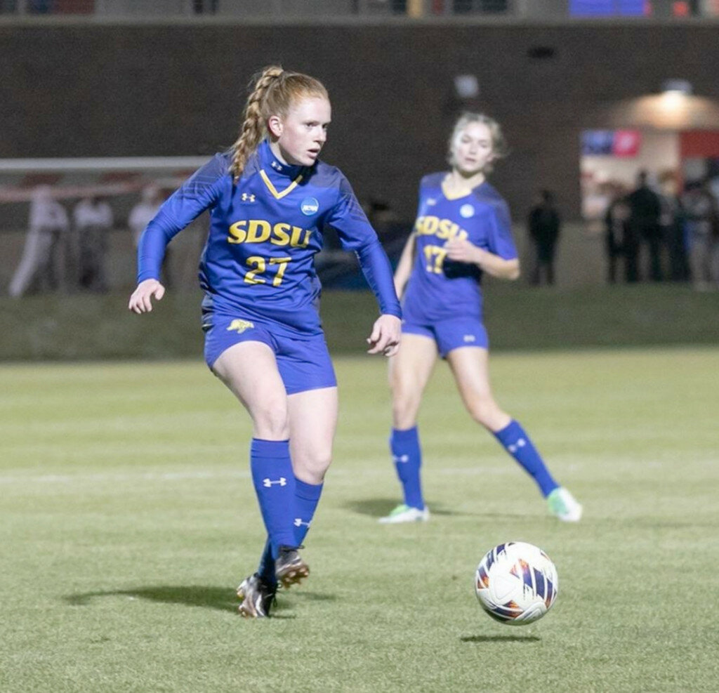 South Dakota State’s Birna Bjornsdottir kicks the ball during a match against Nebraska this season. Bjornsdottir was named to the Iceland U-20 World Cup team on Thursday. (Courtesy photo)