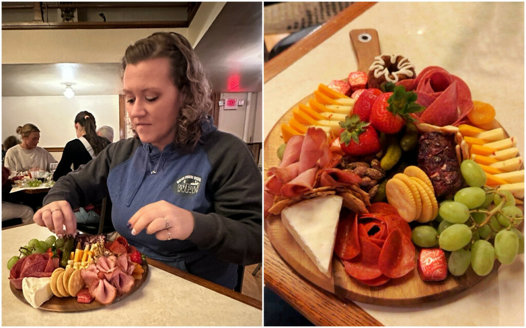 Photos by Roxy Stienblock/Plainsman
Left: Jenifer Cashman puts the finishing touches on the charcuterie board she put together at a special DIY event hosted by Huron Connect Wednesday night at Top Floor. On the right is a completed board, with cheese, meat, fruit and more.