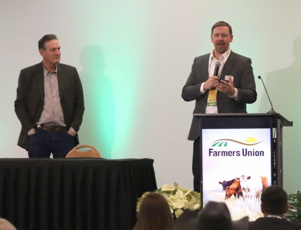 Photos by Benjamin Chase/Plainsman
S.D. Lt. Gov. Larry Rhoden, left, and Department of Ag and Natural Resources Sec. Hunter Roberts spoke Thursday at the S.D. Farmers Union state convention.