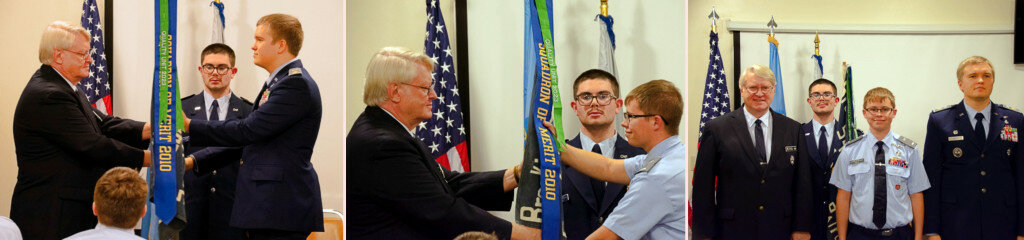 LEFT: Outgoing Big Sioux Composite Squadron Commander Major Tyler Gross, right, relinquishes command of his unit to the South Dakota Wing Commander Col. Michael Marek, left. CENTER: Incoming Big Sioux Composite Squadron Commander First Lt. Jacob Roth, right, assumes command of the unit from the South Dakota Wing Commander Col. Michael Marek, left. RIGHT: The change of command ceremonial party, from left, was comprised of South Dakota Wing Commander Col. Michael Marek; unit guidon bearer Cadet Major Trias; incoming squadron commander First Lt. Jacob Roth; and outgoing squadron commander Major Tyler Gross. (Courtesy photos)