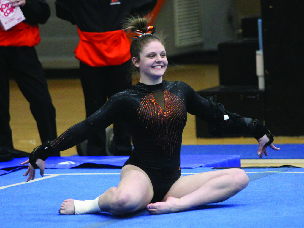 PHOTOS BY MIKE CARROLL/PLAINSMAN
Huron’s Cameron Ruth performs her floor exercise routine during a quadrangular meet on Tuesday at the Tiger Activity Center.