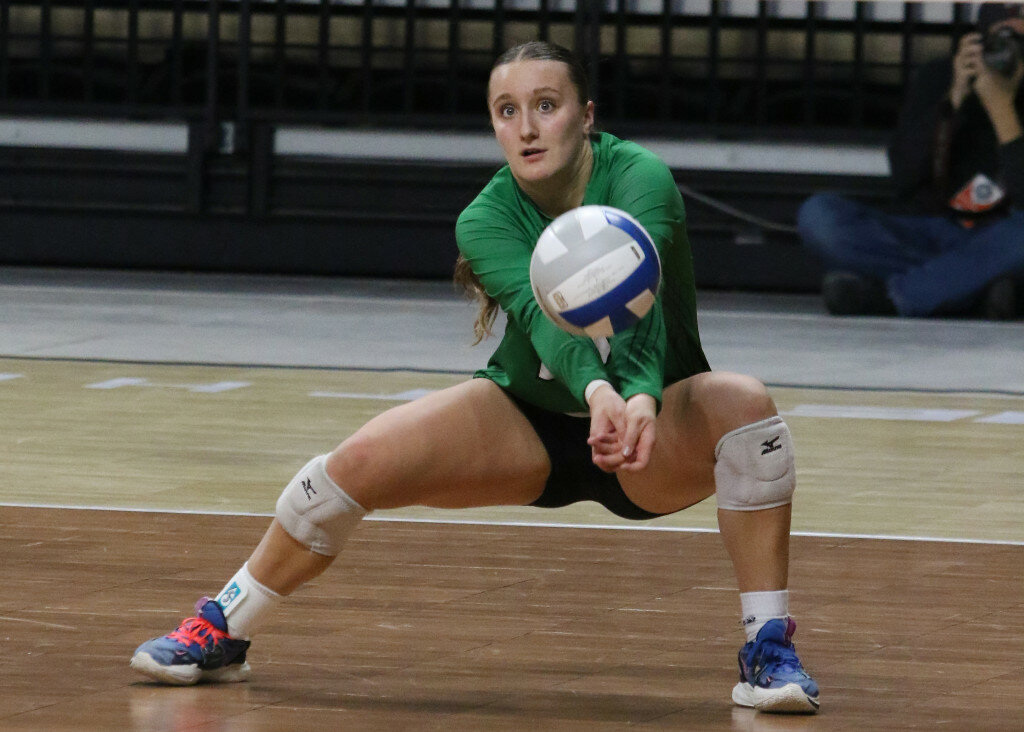 COURTESY OF SDPB
Miller’s Jolie Palmer plays a volley during a match in the Class A State Volleyball Tournament, which was held Nov. 16-18 in Summit Arena at the Monument in Rapid City.