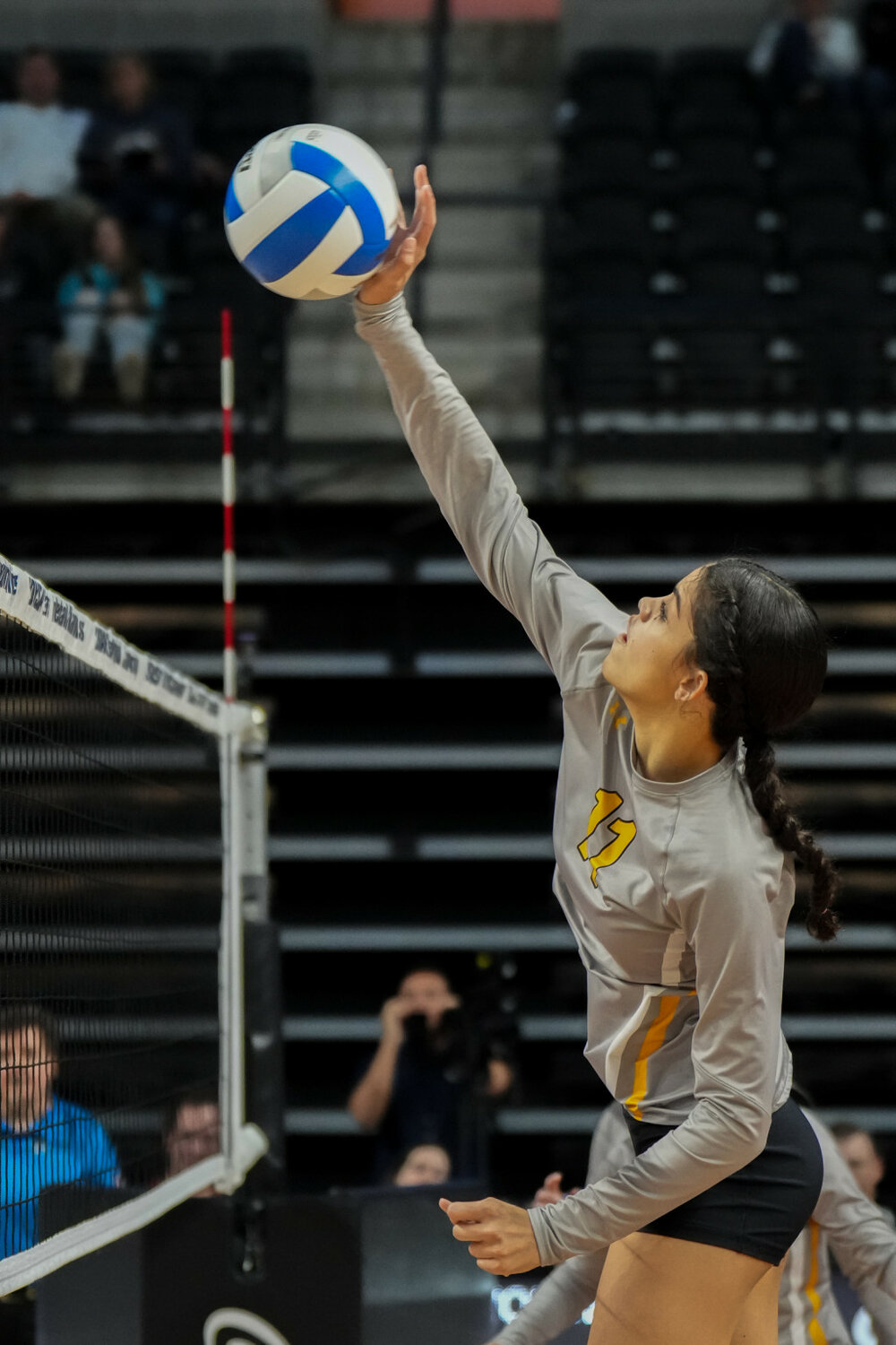 COURTESY OF SDPB
Wolsey-Wessington’s Samara Clemente spikes the ball during Thursday’s match at the Class B State Volleyball Tournament in Summit Arena at the Monument in Rapid City.