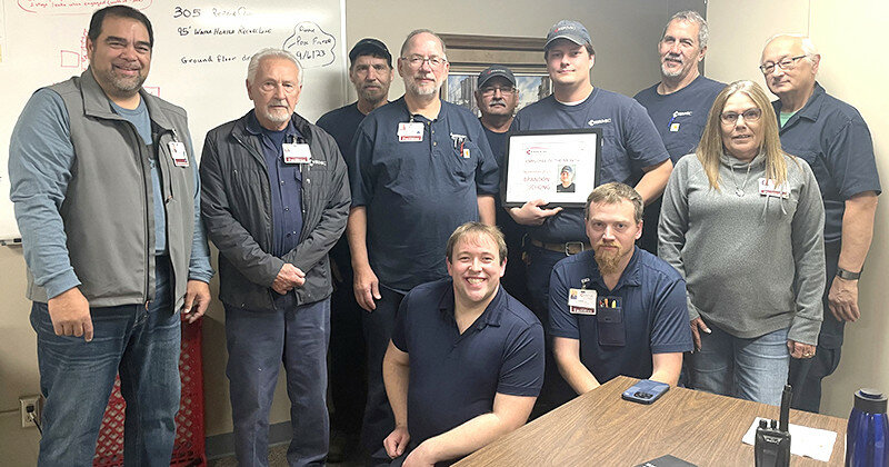 photo courtesy HRMC
Brandon Peschong, poses for a photo following his acceptance of the November Exceptional Employee honor. Back row from left: Erick Larson, president & CEO for HRMC, Bill Smallwood, Arnold Wehmeyer, Rod Bender, Director of Facilities, Larry Shoultz, Brandon Peschong, Shane Price, Teresa Gange, Philip Wollman. Front row, from left: Nathan Sneed, Tommy O’Rourke