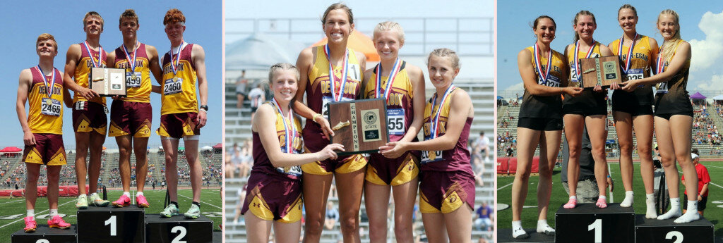 LEFT: From left, Deubrook Area’s Jaxon Quail, Gavin Landmark, Treven Grimsrud and Landen Johnson pose with the first-place trophy after winning the 4x800 meter relay at the state championships with a time of 8:16.95. CENTER: From left, Deubrook Area’s Makenna Olsen, Ellie Olsen, Kylee Johnson and Nora Olsen pose with the first-place trophy after winning the 4x800 meter relay at the state championships. with a time of 9:46.23. RIGHT: From left, Colman-Egan’s Josie Mousel, Reese Luze, Lanie Mousel and Elaina Rhode pose with the first-place
trophy after winning the 1600 meter sprint medley relay at the state championships with a time of 4:13.85 (Left: South Dakota Public Broadcasting///Center: Jason Salzman/salzmanstudios.smugmug.com///Right: South Dakota Public Broadcasting)