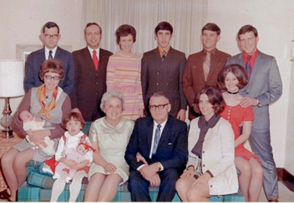The H.J. Schulte family, as seen in December 1970, back row, from left, Dr. Wm. Charles Helton, Richard Schulte, ReJean (Bowar) Schulte, Robert Schulte, Gail VanDerWerff and John Schulte. Front row, Dr. Barbara (Schulte) Helton, holding new son Thomas Helton; Michelle (Schulte) Wieber, Roberta Schulte, Herbert Schulte, Mary (Schulte) VanDerWerff and the late Rita Schulte, spouse of John Schulte.