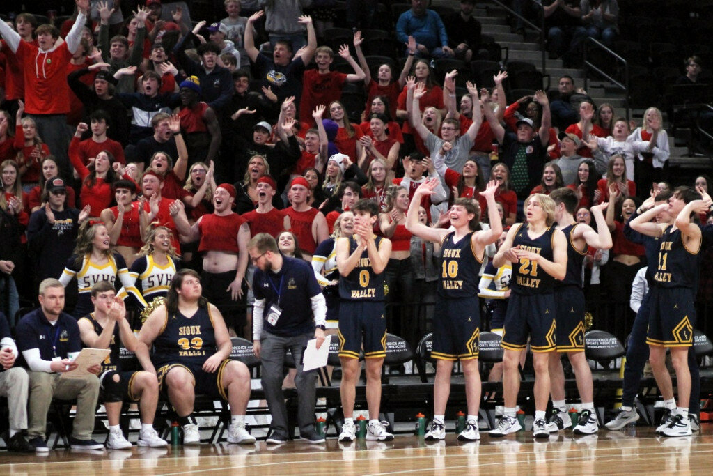 Sioux Valley players and fans celebrate in the final seconds of the Cossacks' 54-46 win over St. Thomas More in the semifinals of the South Dakota Class A Boys' Basketball State Tournament in Summit Arena at The Monument in Rapid City. Aaron Jorenby / The Register