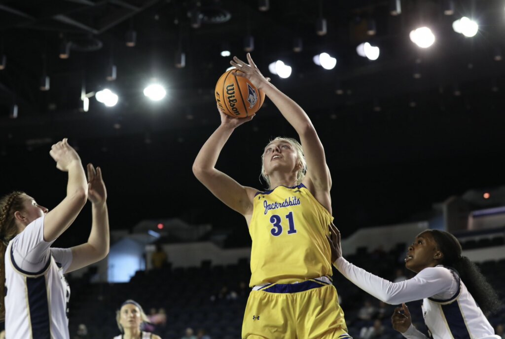 South Dakota State forward Brooklyn Meyer puts up a shot during a game against Oral Roberts at the Maybee Center in Tulsa, Okla. on Saturday afternoon.