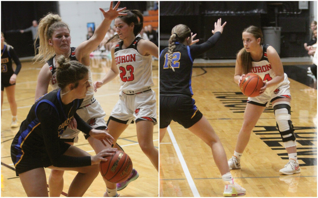 PHOTOS BY MIKE CARROLL/PLAINSMAN
Left: Huron’s Aly Davis defends against Lauryn Burckhard of Aberdeen Central during their game Thursday at Huron Arena. 
Right: Huron’s Allison Janes holds the ball on the perimeter as Kenadi Withers of Aberdeen Central defends during their game Thursday at Huron Arena.