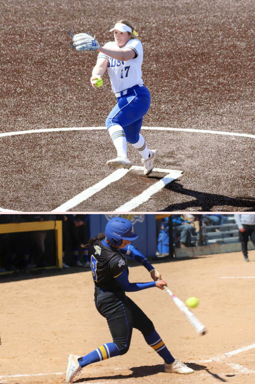 TOP: South Dakota State pitcher Tori Kniesche delivers during a game against Omaha on April 7. BOTTOM: South Dakota State infielder Jocelyn Carillo swings during a game against North Dakota State on April 17. (Andrew Holtan/Brookings Register)