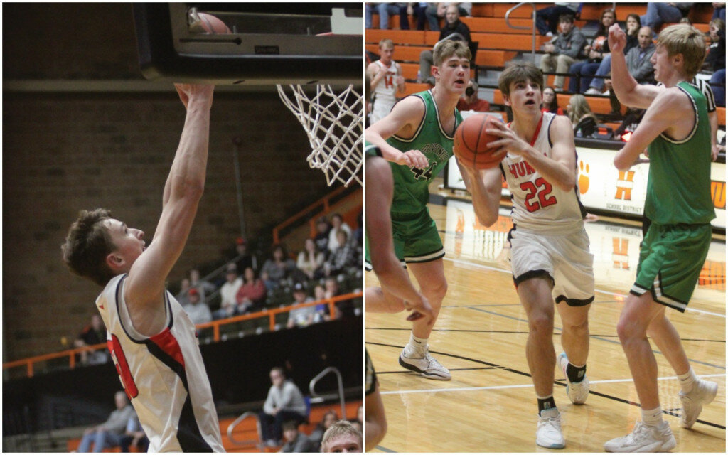 PHOTOS BY MIKE CARROLL/PLAINSMAN
Left: Huron’s Blake Ellwein goes in for a dunk during Tuesday’s game. 
Right: Huron’s Kolton Ogle eyes the basket on a drive against Dawson Getz of Pierre during their game Tuesday at Huron Arena.