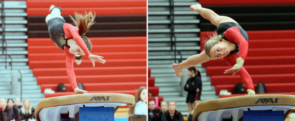 LEFT: Brookings’ Ava Petterson does the vault during a triangular in Brookings on Saturday. The Bobcats came in second place, behind Mitchell and ahead of Yankton. RIGHT: Brookings’ Kennedy Ronning does the vault during a triangular in Brookings on Saturday. The Bobcats came in second place, behind Mitchell and a head of Yankton. (Chris Schad/Brookings Register)