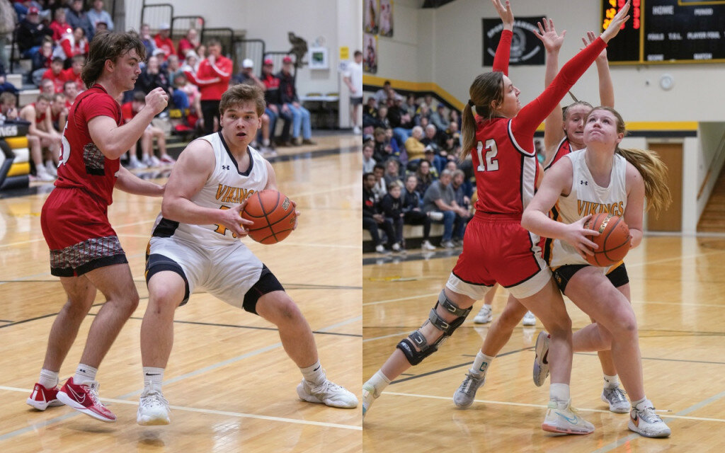 COURTESY OF CRAIG WOLLMAN
Left: James Valley Christian’s Jackson Peck goes down the lane against a Estelline/Hendricks defender. 
Right: James Valley Christian’s Addison Bartholow eyes the basket on a shot against Rachel Hexem of Estelline/Hendricks during their game Saturday at the JVC gym.