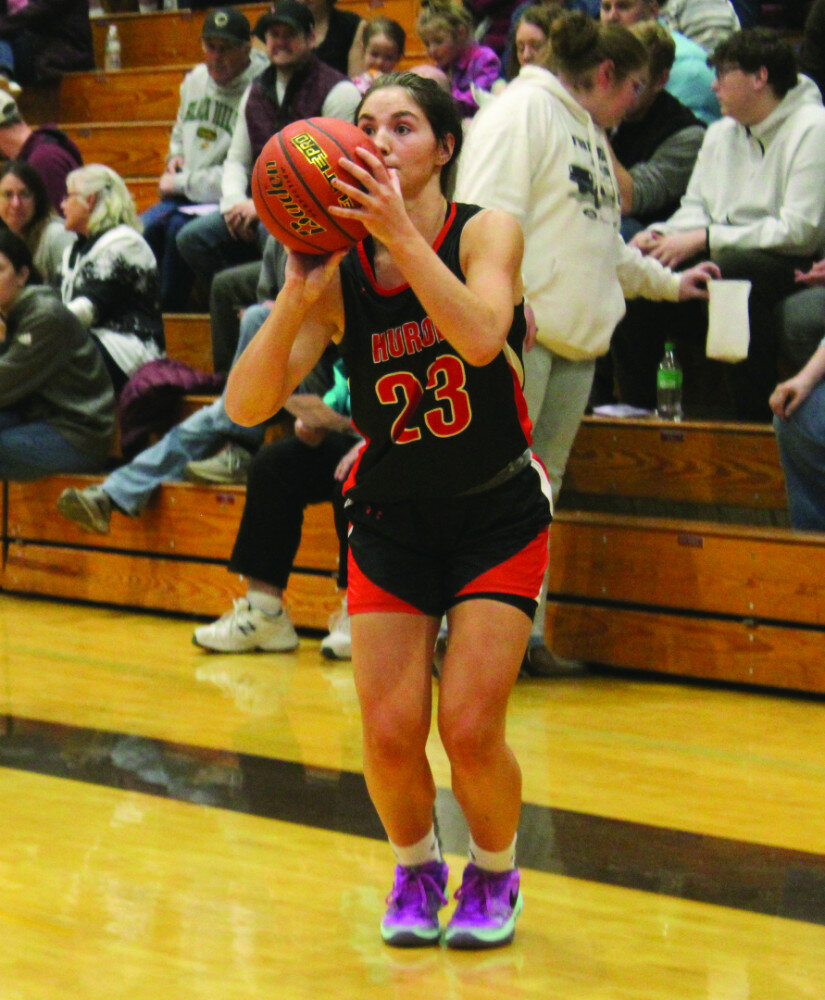 Dennis Knuckles/Black Hills Pioneer
Huron’s Hamtyn Heinz shoots a three-pointer during a game against Spearfish on Friday in Spearfish. Heinz scored her 1,000th career point during Saturday's game against Sturgis.