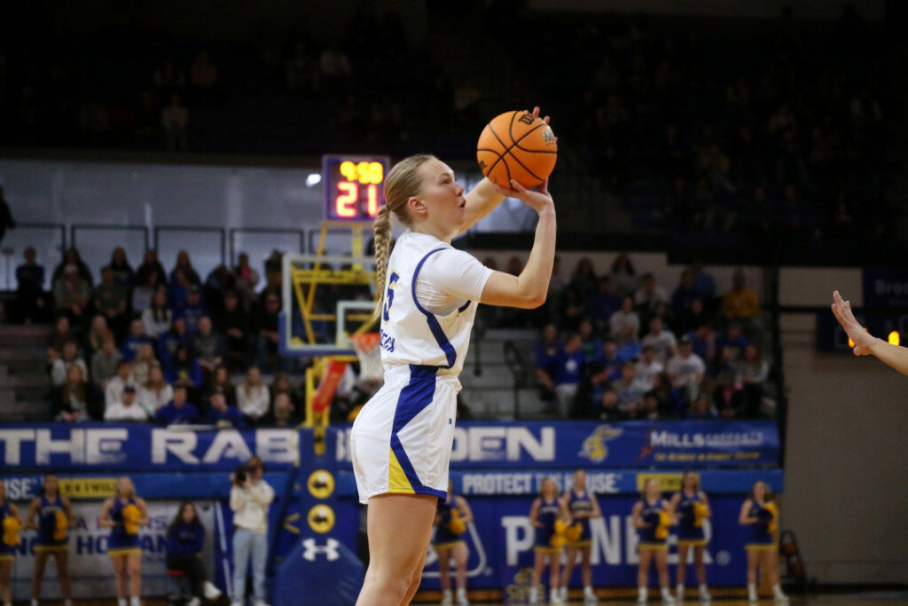 South Dakota State's Ellie Colbeck made five 3-pointers and scored a career high 15 points in a 70-55 win over South Dakota in Vermillion on Saturday night. (Andrew Holtan/Register)