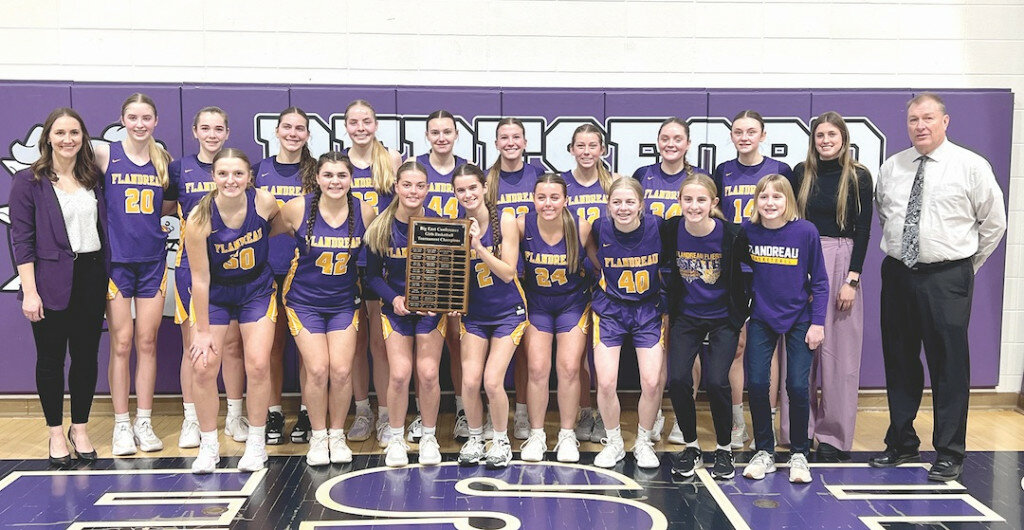 Crowned champions of the Big East Conference Tournament were the Flandreau Fliers. Members include front from left, Madison Bushkofsky, Aly Schepel, Addy Hammer, Josie Hamilton, Hayden Neises, Elodie Amdahl, Rheagan Sheppard and Calla Wiese. Back Head Coach Megan Severtson, Morgan Sheppard, Lily Klein, Lizzie Pavlis, Claire Sheppard, Hailey Lahr, Sadie Iott, Ella Hoffman, Grace Krull, Hannah Krull, Assistants Coach Jesse Gile and Brian Relf. Courtesy photo