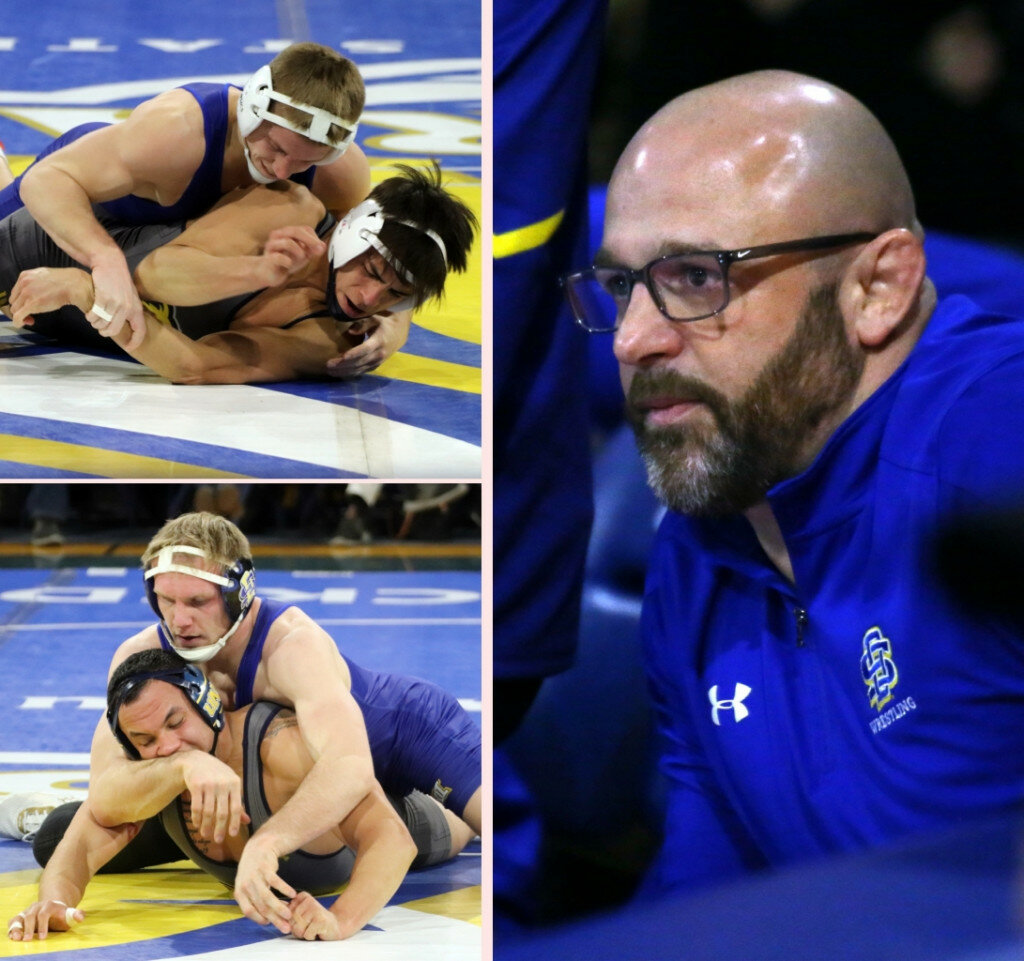 TOP LEFT: South Dakota State’s Clay Carlson (top) wrestles during a dual against Northern Colorado on Jan. 19 at Frost Arena in Brookings. SDSU is ranked 10th as a team. BOTTOM LEFT: South Dakota State’s Tanner Sloan wrestles during a dual against Northern Colorado on Jan. 19 in Brookings. Sloan is ranked fifth in the 197-pound weight class. RIGHT: South Dakota State head coach Damion Hahn looks on as the Jackrabbits wrestle against Air Force on Friday at Frost Arena in Brookings. SDSU is 9-2 in duals this season. (Andrew Holtan/Brookings Register)