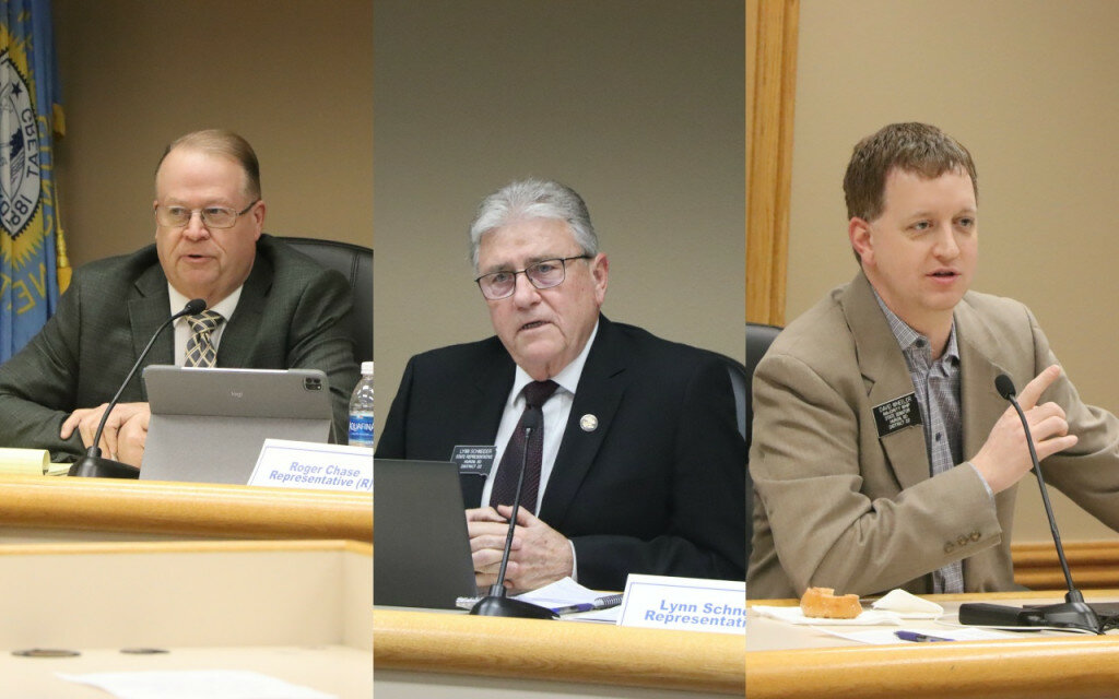 PHOTOS BY BENJAMIN CHASE/PLAINSMAN
In this collage, from left to right: Rep. Roger Chase, Rep. Lynn Schneider, and Sen. David Wheeler speak during the first Coffee with the Legislators Saturday morning, hosted by the Huron Chamber and Visitors Bureau’s Governmental Affairs Committee.