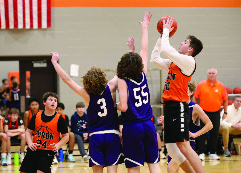 PHOTOS COURTESY OF JOEL BERGESON
Huron’s Colt Culver puts up a shot during an eighth-grade basketball game against Watertown on Thursday at the Huron Middle School.