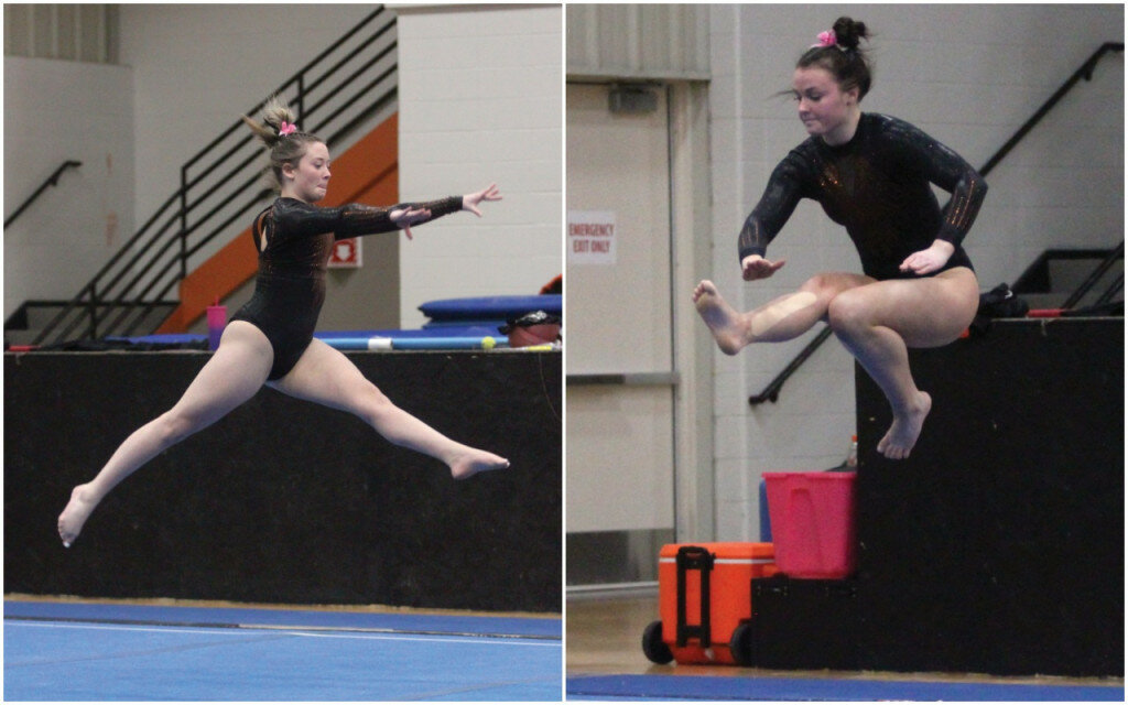 PHOTOS BY MIKE CARROLL/PLAINSMAN
Huron’s Alivia Cunard, left, and Eastyn Eichstadt, right, compete in the floor exercise during the Huron Invite on Friday at the Tiger Activity Center.