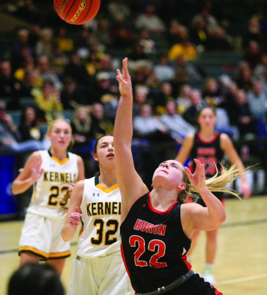 JACOB NIELSON/MITCHELL REPUBLIC
Huron’s Hylton Heinz attempts a shot in the fourth quarter of a girls’ high school basketball game between Huron and Mitchell on Tuesday at the Corn Palace in Mitchell.