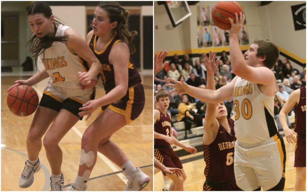 PHOTOS BY MIKE CARROLL/PLAINSMAN
Left: James Valley Christian’s Addyson Knight dribbles against defensive pressure by Matte Bauman of Deubrook Area during their game Friday at the JVC gym. 
Right: Isaac Korell puts up a shot from the post for the Vikings during Friday’s game.