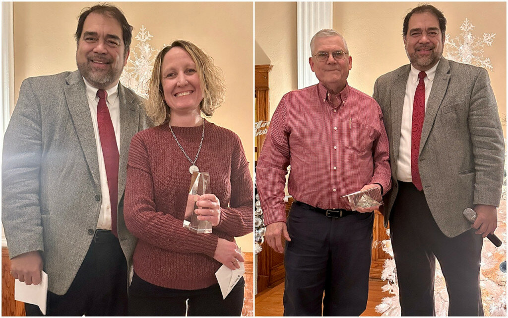 Courtesy photos
Huron Regional Medical Center’s President and CEO Eric Larson presented Dr. Robert Hohm, right, with the 2023 Spirit of Caring Award, while Janna Rose, left, won the 2023 UBUNTU Award, at a recent HRMC holiday gathering.