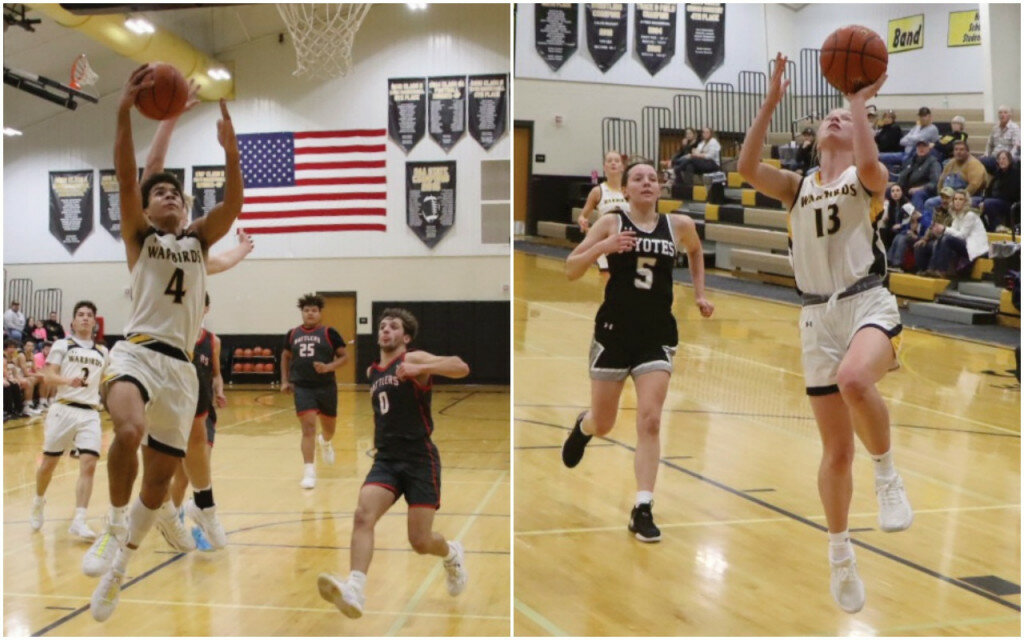 PHOTOS BY BENJAMIN CHASE/PLAINSMAN
Left: Wolsey-Wessington’s Moshe Richmond goes in for a layup during a game against Potter County on Thursday at the Big Bo Classic in Wolsey. 
Right: Wolsey-Wessington’s Kendal Uttecht goes in for the layup as Jolene Krantz of Waverly-South Shore trails on the play during their Big Bo Classic game Thursday in Wolsey.