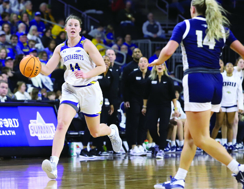 COURTESY OF GOJACKS.COM
South Dakota State University’s Myah Selland handles the ball during one of her collegiate games for the Jackrabbits.