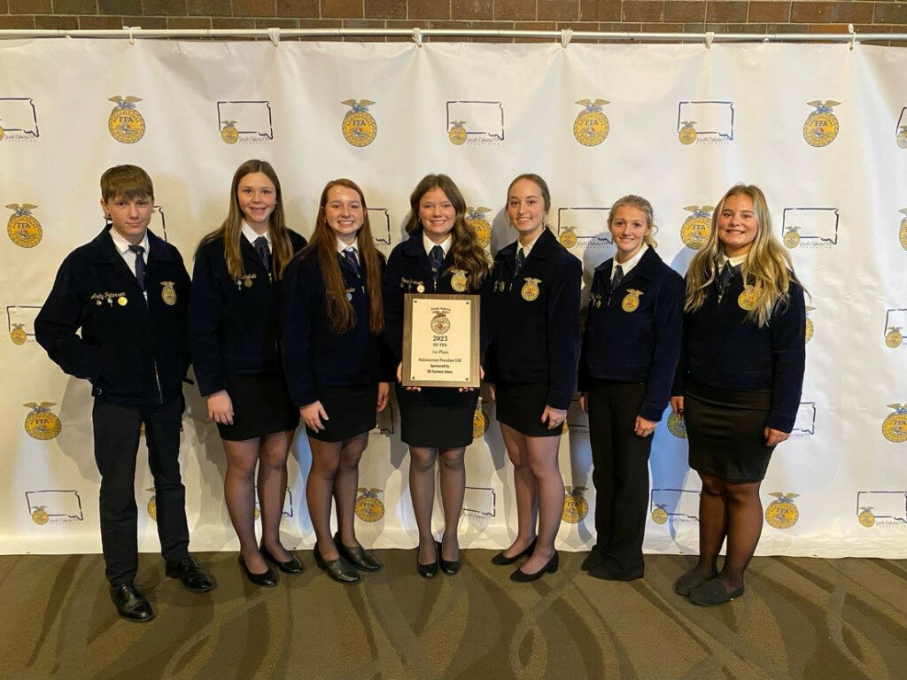 COURTESY PHOTOS
The Willow Lake FFA Parliamentary Procedure team that placed first at the state event includes, from left, Andy Peterson, Shay Michalski, Samantha Brenden, Emma Peterson, Ginny Warkenthien, Kaylyn Hofer and Nora Terhark.