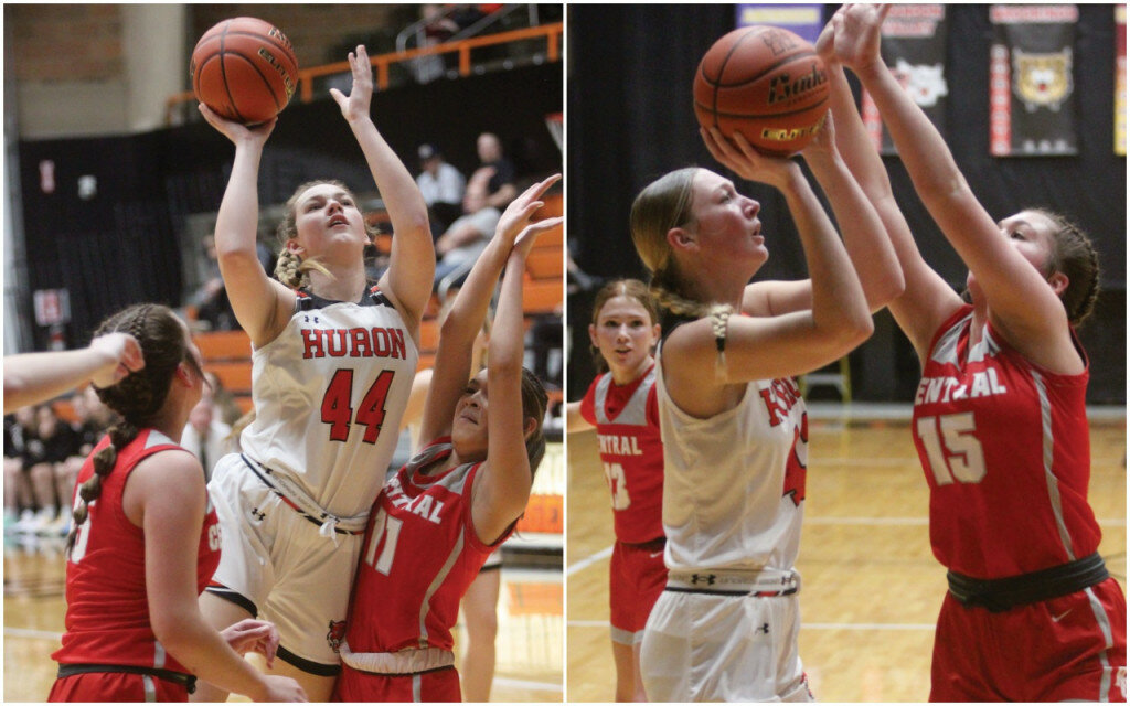 PHOTOS BY MIKE CARROLL/PLAINSMAN
Left: Huron’s Makenzie Siemonsma puts up a shot against Aaliyah Jones of Rapid City Central during their game Friday at Huron Arena. Right: Huron’s Lizzy Heinen puts up a shot against Leah Landry of Rapid City Central during their game Friday at Huron Arena.