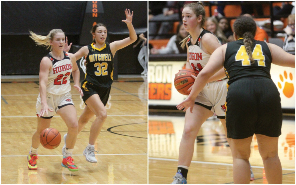 PHOTOS BY MIKE CARROLL/PLAINSMAN
Left: Huron’s Hylton Heinz dribbles against defensive pressure by Addie Siemsen of Mitchell during their game Friday at Huron Arena. Right: Huron’s Makenzie Siemonsma looks for an outlet to pass as she is guarded by Mitchell’s Breanna Kirsch during their game Friday at Huron Arena.