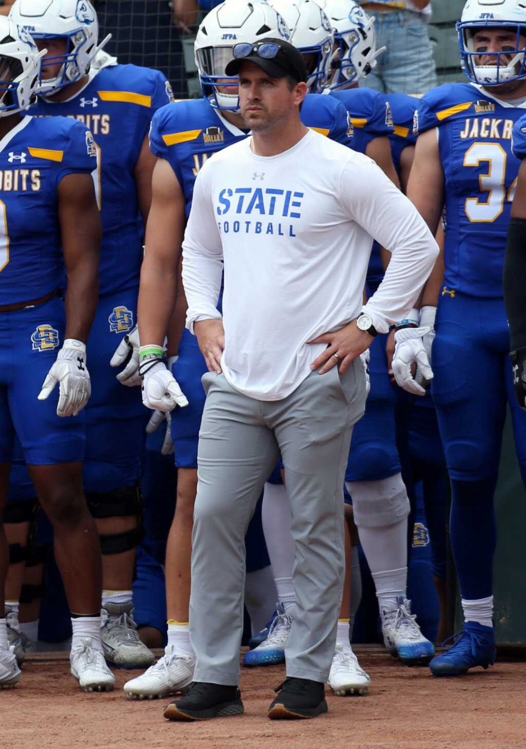 South Dakota State head coach prepares to run out onto the field before a game against Drake at Target Field in Minneapolis on Sept. 16. Rogers was selected as the Eddie Robinson Award winner on Thursday, which is given to the FCS national coach of the year. (Andrew Holtan/Brookings Register)