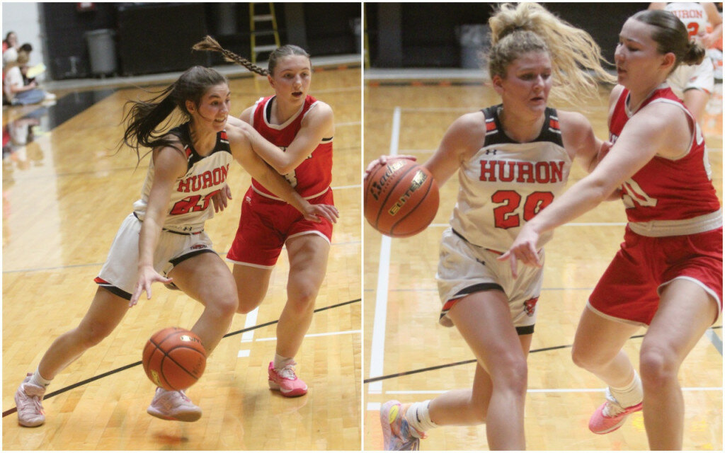 PHOTOS BY MIKE CARROLL/PLAINSMAN
Left: Huron’s Hamtyn Heinz dribbles against defensive pressure by Yankton’s Eden Wolfgram during their game Tuesday at Huron Arena. 
Right: Huron’s Aly Davis heads to the basket as Camryn Koletzky of Yankton defends on the play during their game Tuesday at Huron Arena.