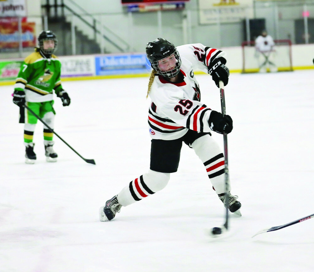Brad Letcher/Chaos Photography
Huron’s Shelby Timm takes a shot during a junior varsity girls’ hockey game against Oahe on Saturday at Bergman Arena.