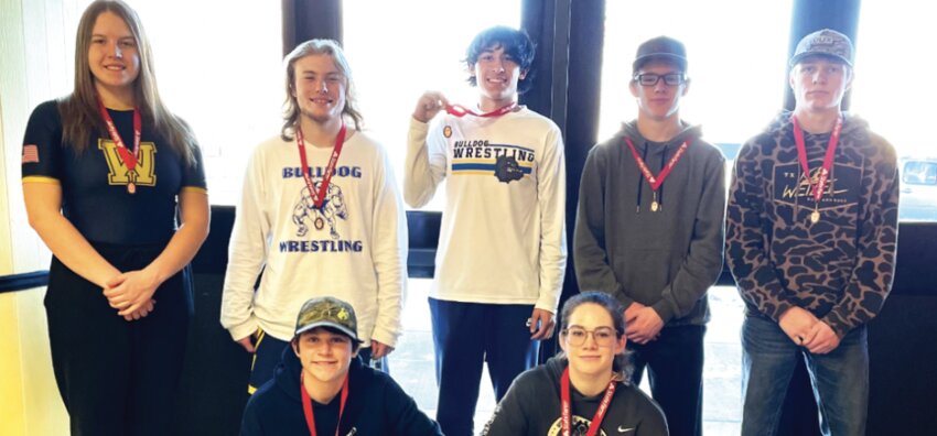 Wheatland Bulldogs wrestling their way to hardware at Regional competition were Cooper Meyer (front l-r) and Alex Kumelos; Jessie Graves (back l-r), Ty Weber, Mauriccio Grimaldo, Waylon Milnes and Kael Gudahl.