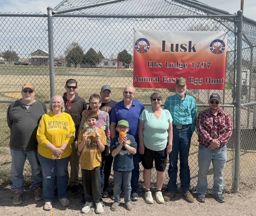 Lusk Elk members and volunteers and two of the three $50 egg winners: Jan Green (left to right), Dennis Green, Jessie Walduck, Sam Blaney, Denise Pavone, Ty Lashmett, Paul Swartz, Blake Morsette and Johnny Sampers. 