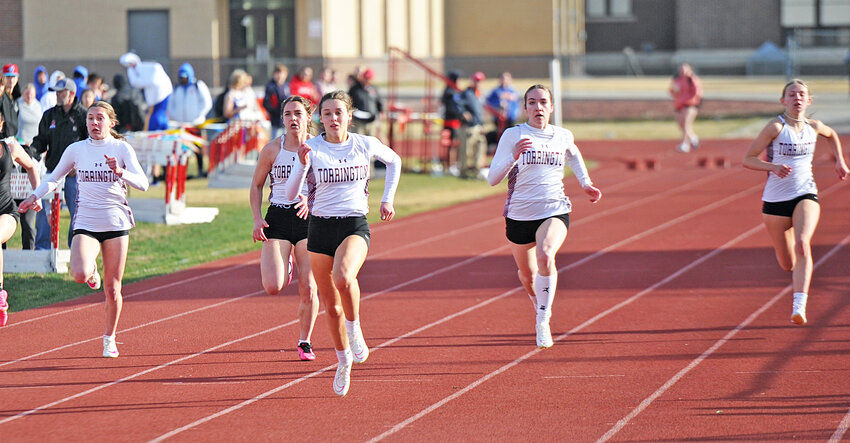 The Lady Blazers dominated the finals in the 100-meters at the Binfield Invite, snagging the top five spots in the race, led by sophomore Brooklyn Asmus and senior Alyssa Wondercheck with state-qualifying times.  Pictured, from left, are sophomore Natalie Hawes, junior Jaycee Hurley, Asmus, Wondercheck and sophomore Trishell Pontarolo.