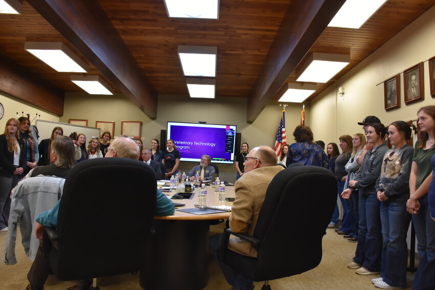 Head of the EWC Veterinary Tech program, Dr. Colleen Mitchell, acknowledges major department progress as well as future possibilities at the college Board of Trustees meeting Tuesday evening.