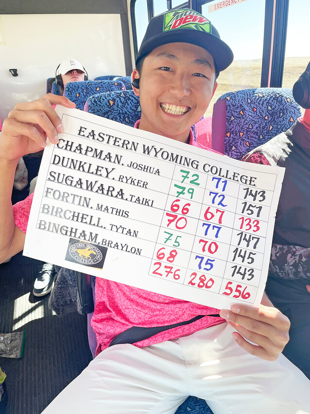 EWC freshman Taiki Sugawara celebrates his scores at the Northeastern Junior College Tournament on April 5. Sugawara captured first place on the leaderboard with a two-day score of 133 (10 under par).