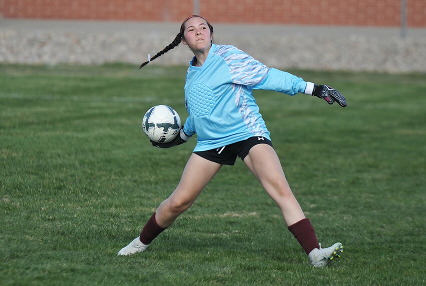 Sophomore goalie Kristin Prado launches the ball back into play against Worland on April 12.