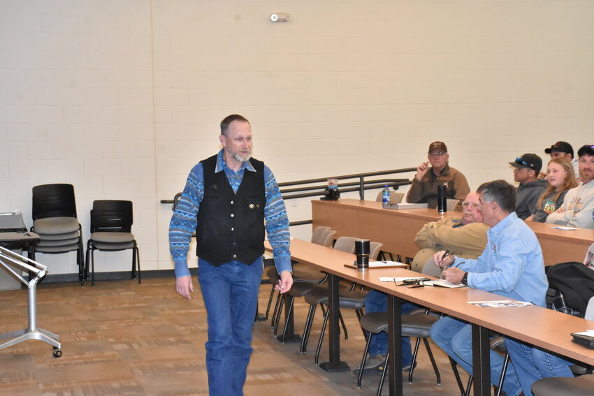 Eastern Wyoming College CDL Program Director, Ed Kimes, presents a Wednesday evening seminar of valuable information along with rules of safety and compliance for dozens of local truckers and business owners.