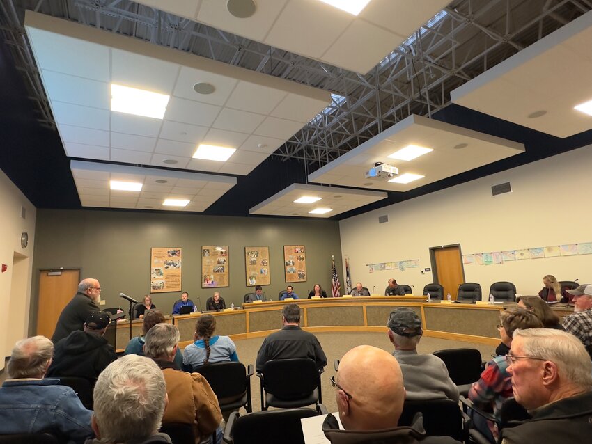 Tom Massey spoke during the public forum of Thursday night’s special meeting and work session of the Goshen County School Board of Trustees.